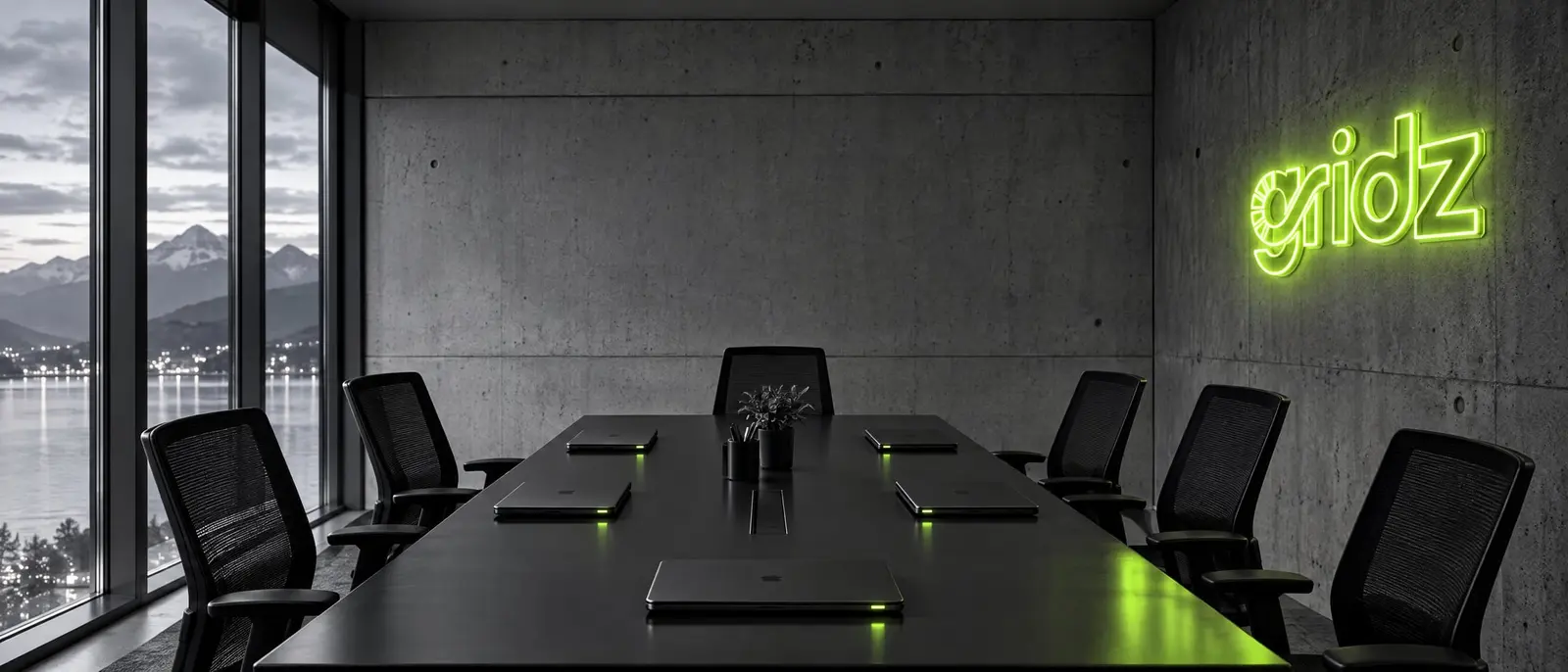 gridz Büro bei Nacht mit leuchtendem Logo